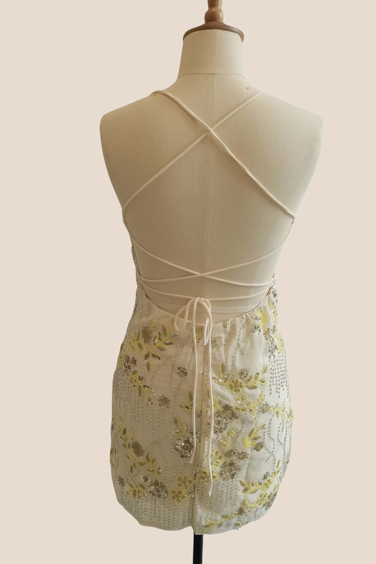Straps Yellow Sequin Fitted Short Dress - Image 2