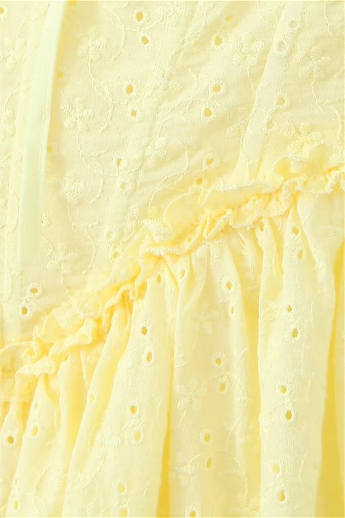 Straps Yellow Tie Front Embroidery Short Dress - Image 6