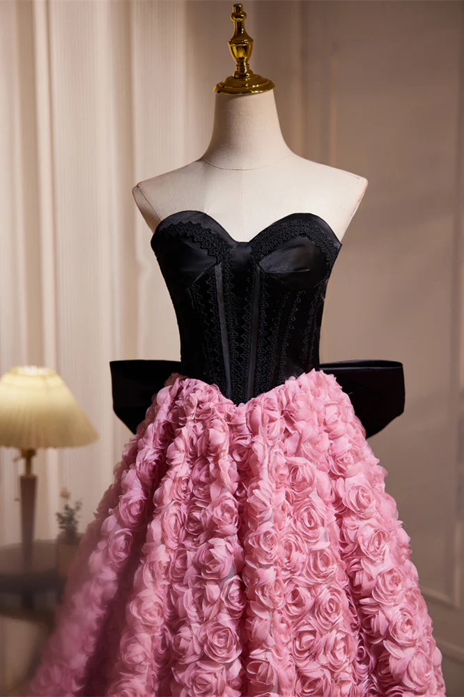 Sweetheart Black and Pink Floral Tea Length Dress - Image 3