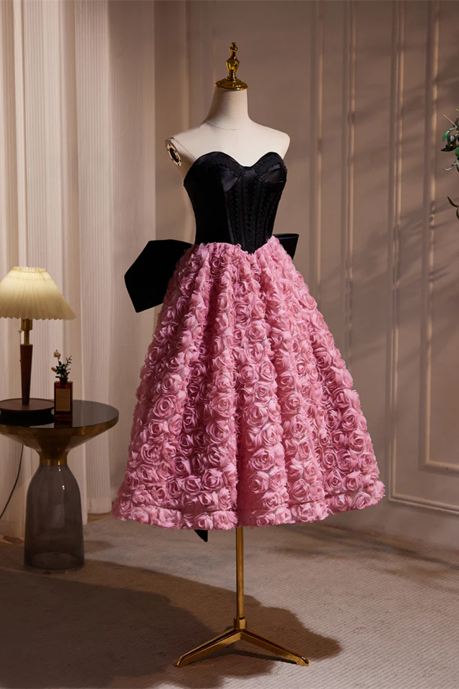 Sweetheart Black and Pink Floral Tea Length Dress - Image 4