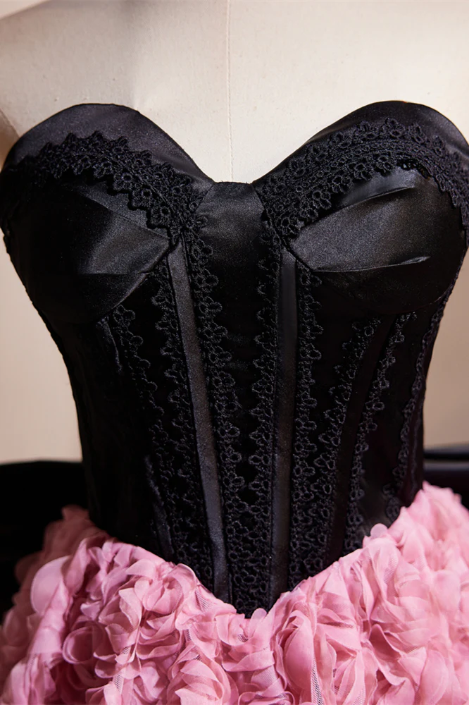 Sweetheart Black and Pink Floral Tea Length Dress - Image 5