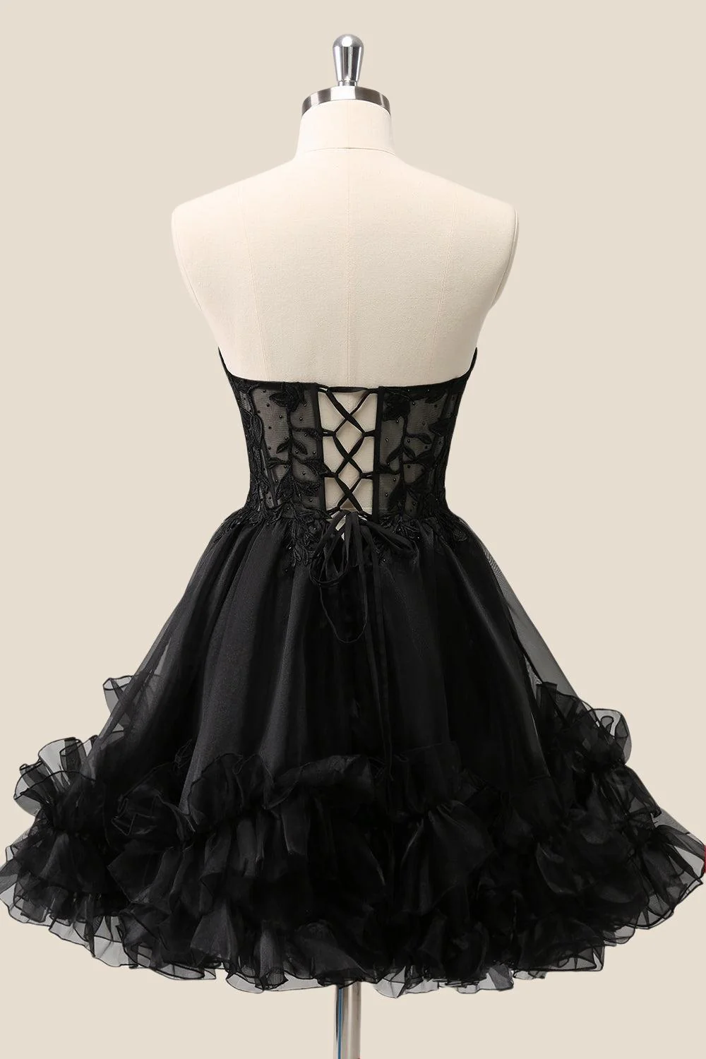 Sweetheart Black Appliques A-line Short Ruffle Dress - Image 2