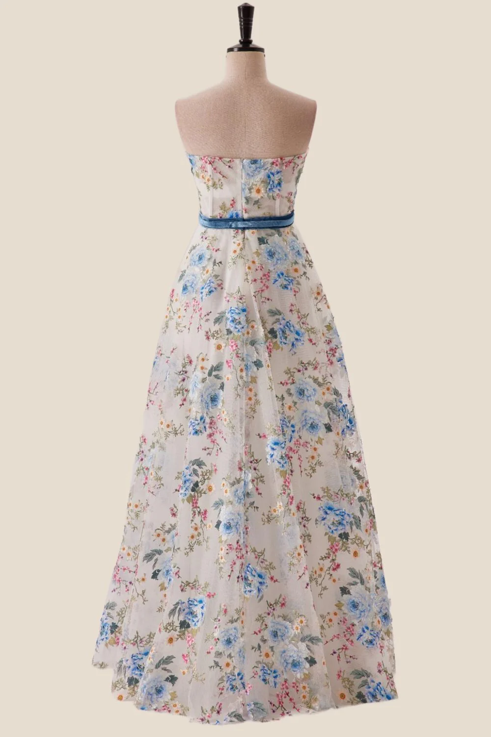 Sweetheart Blue Floral A-line Long Formal Gown - Image 2