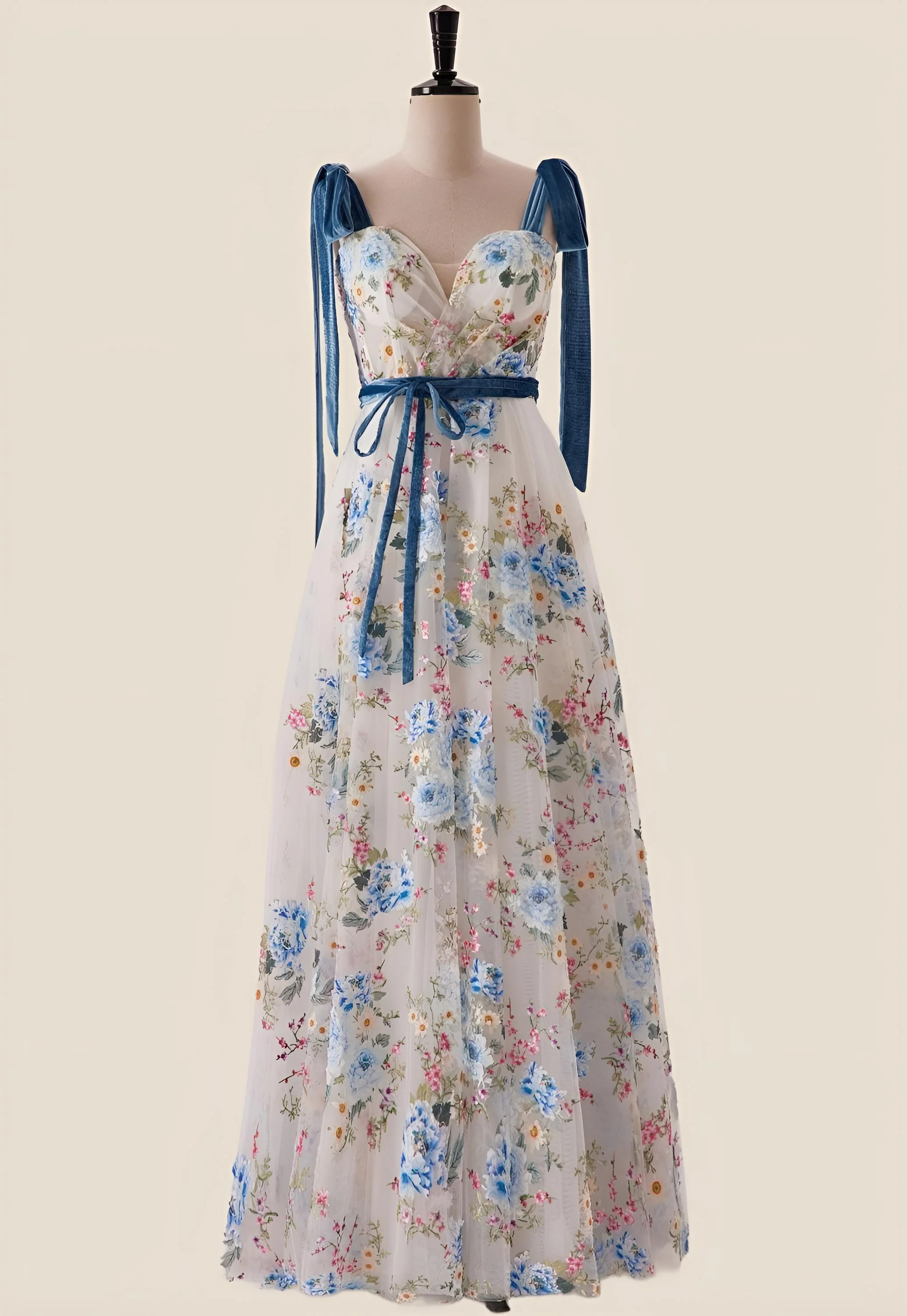 Sweetheart Blue Floral A-line Long Formal Gown - Image 3