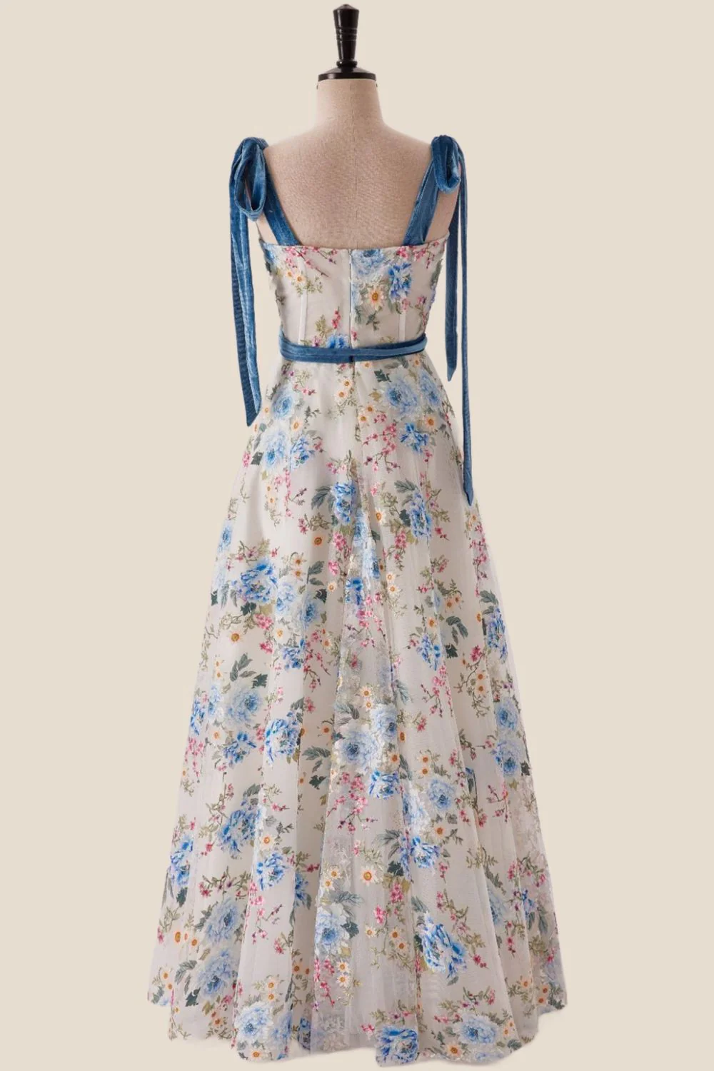 Sweetheart Blue Floral A-line Long Formal Gown - Image 4