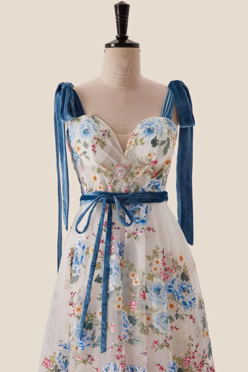 Sweetheart Blue Floral A-line Long Formal Gown - Image 5