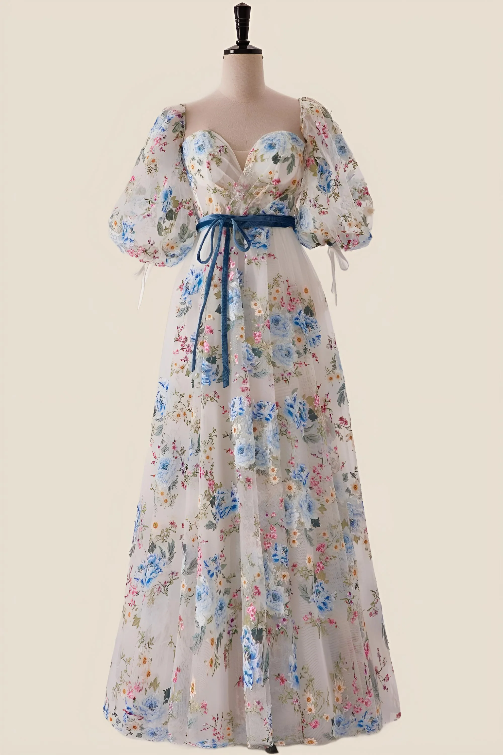 Sweetheart Blue Floral A-line Long Formal Gown - Image 6