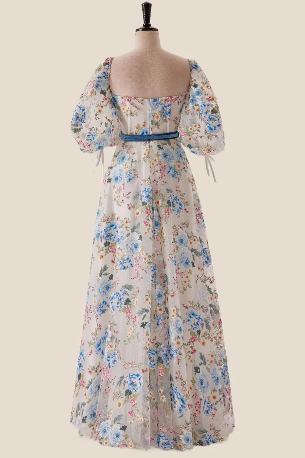 Sweetheart Blue Floral A-line Long Formal Gown - Image 7