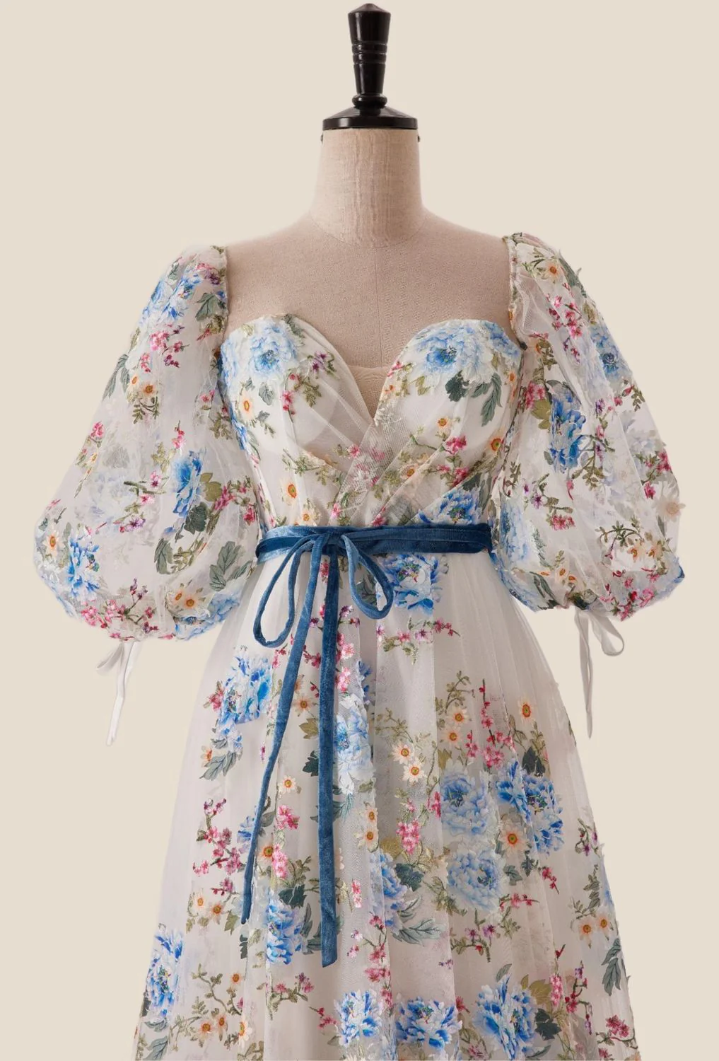 Sweetheart Blue Floral A-line Long Formal Gown - Image 8