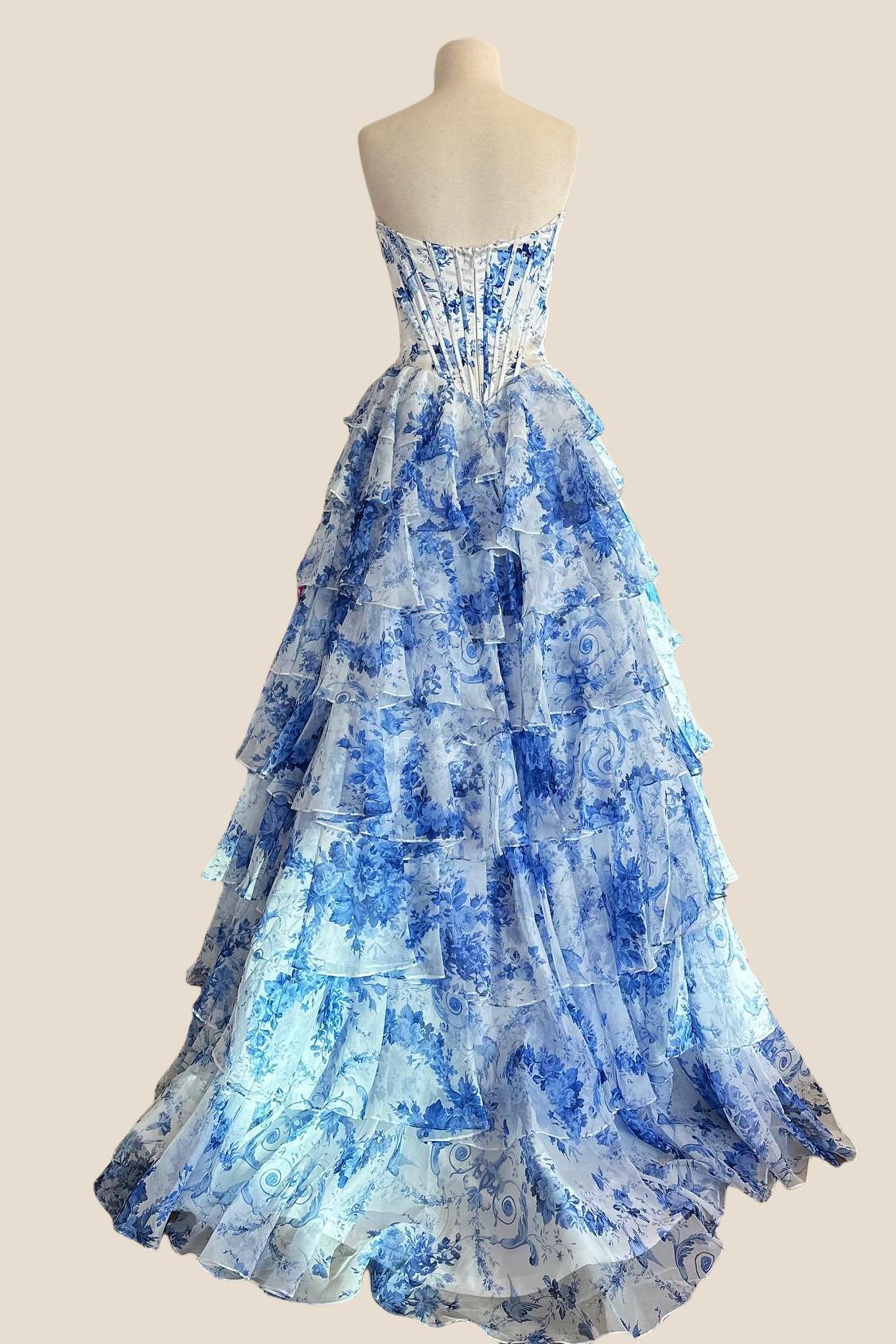 Sweetheart Blue Floral Corset A-line Ruffle Gown - Image 2