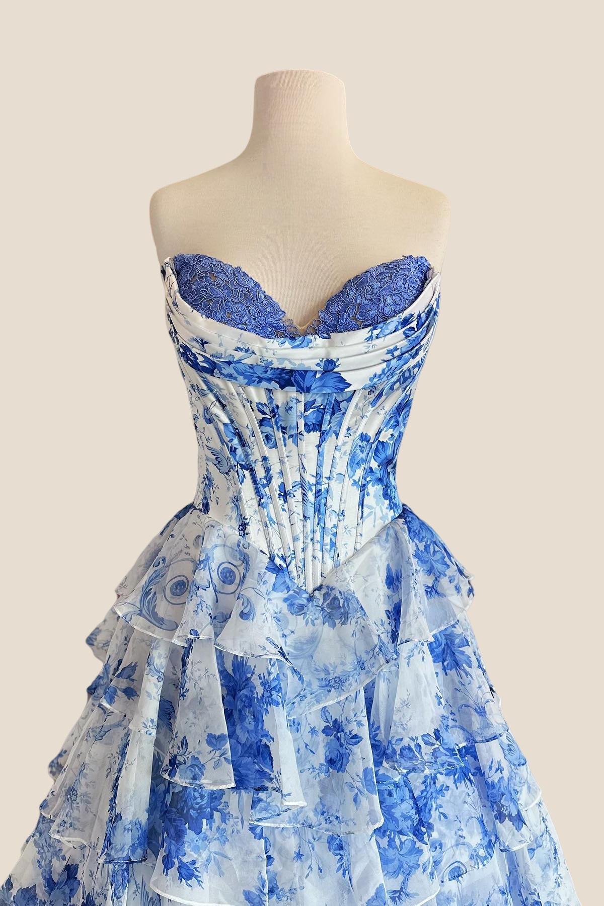 Sweetheart Blue Floral Corset A-line Ruffle Gown - Image 3