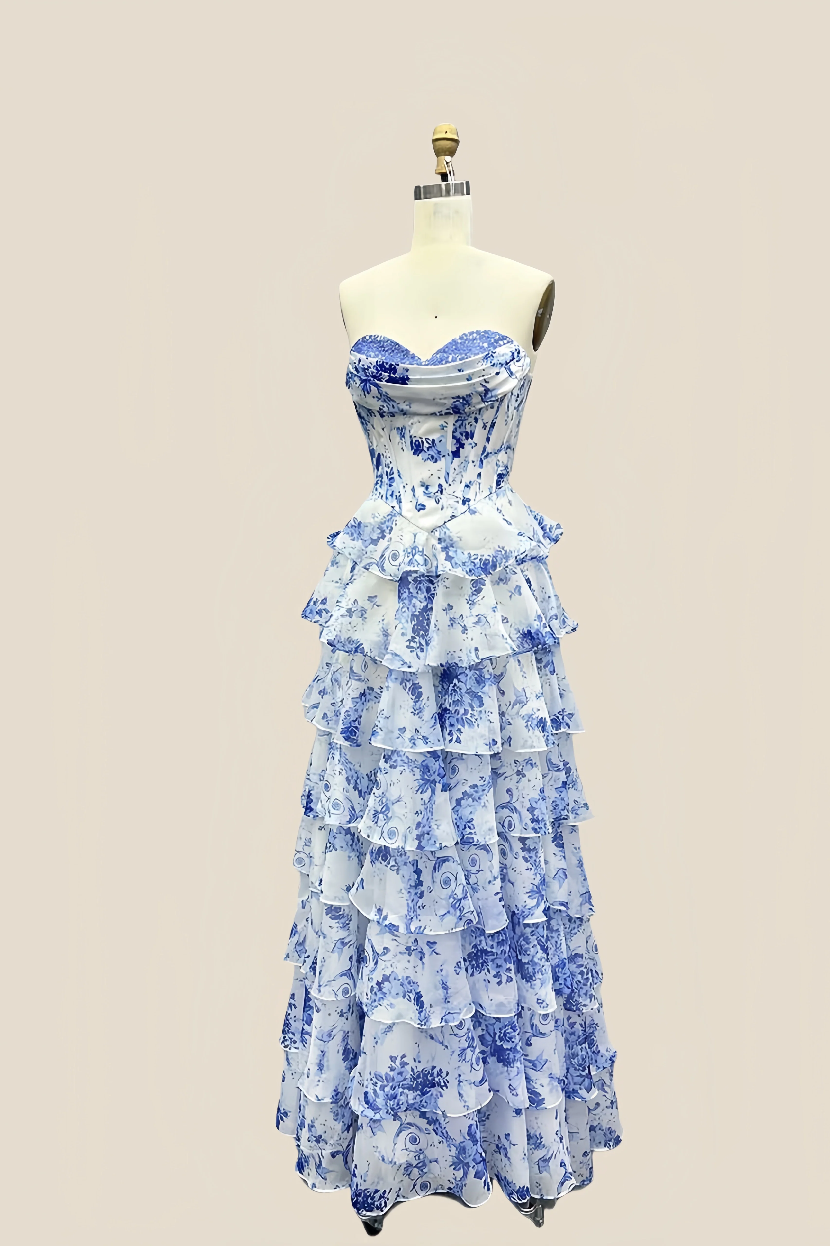 Sweetheart Blue Floral Corset A-line Ruffle Gown - Image 4