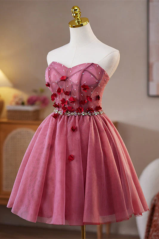 Sweetheart Burgundy 3D Floral Short Dress - Image 3