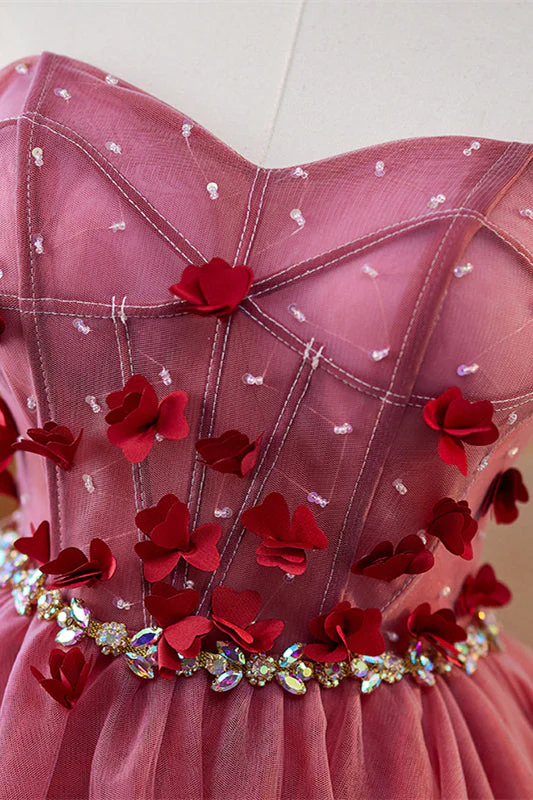 Sweetheart Burgundy 3D Floral Short Dress - Image 4
