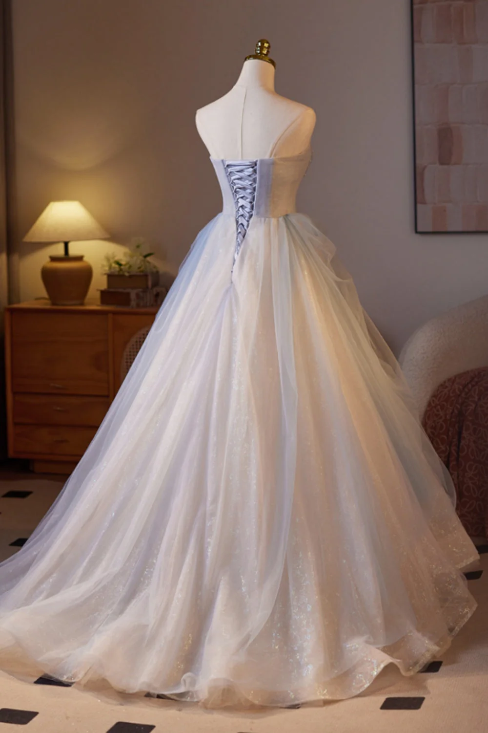 Sweetheart Champagne and Blue Tulle A-line Long Formal Gown - Image 2
