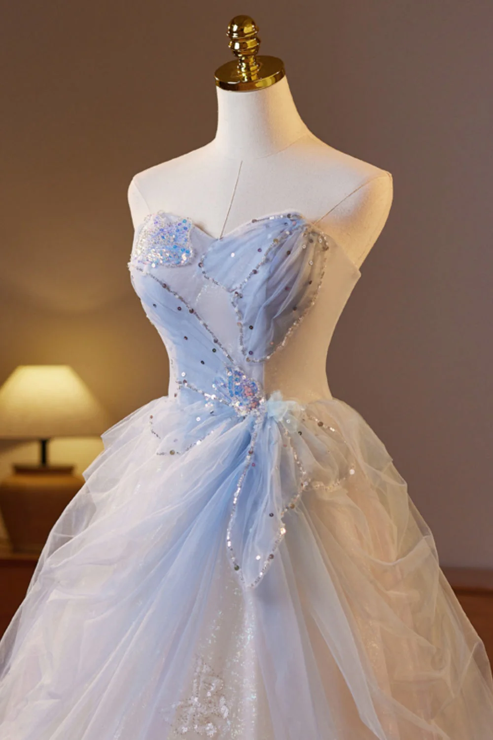Sweetheart Champagne and Blue Tulle A-line Long Formal Gown - Image 4