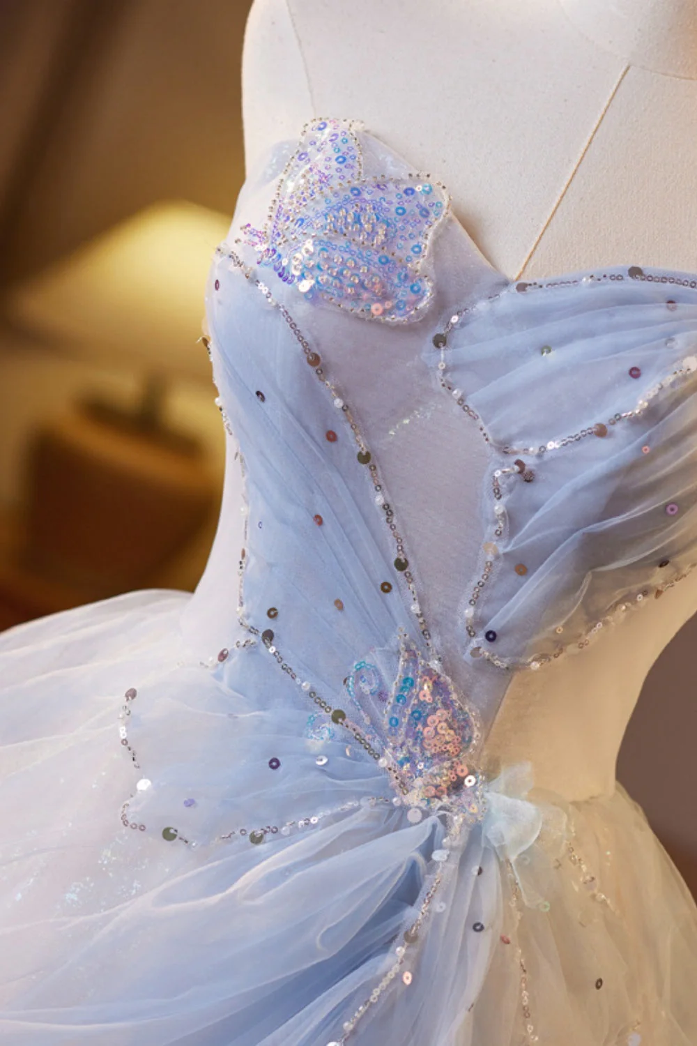 Sweetheart Champagne and Blue Tulle A-line Long Formal Gown - Image 5