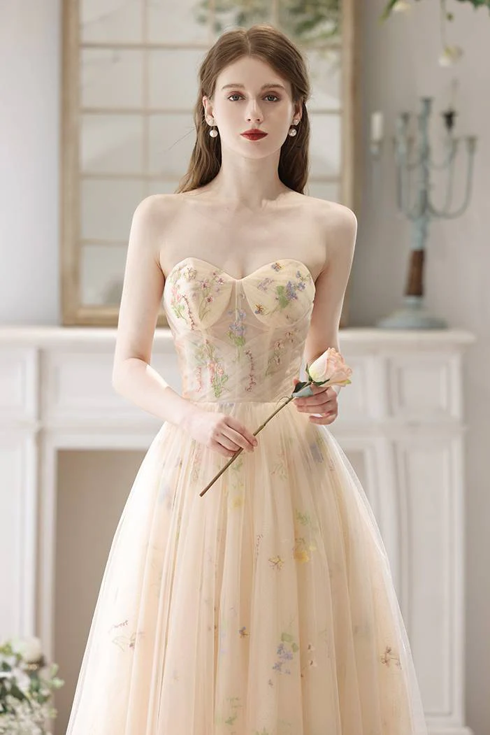 Sweetheart Champagne Floral Corset Long Prom Dress - Image 2