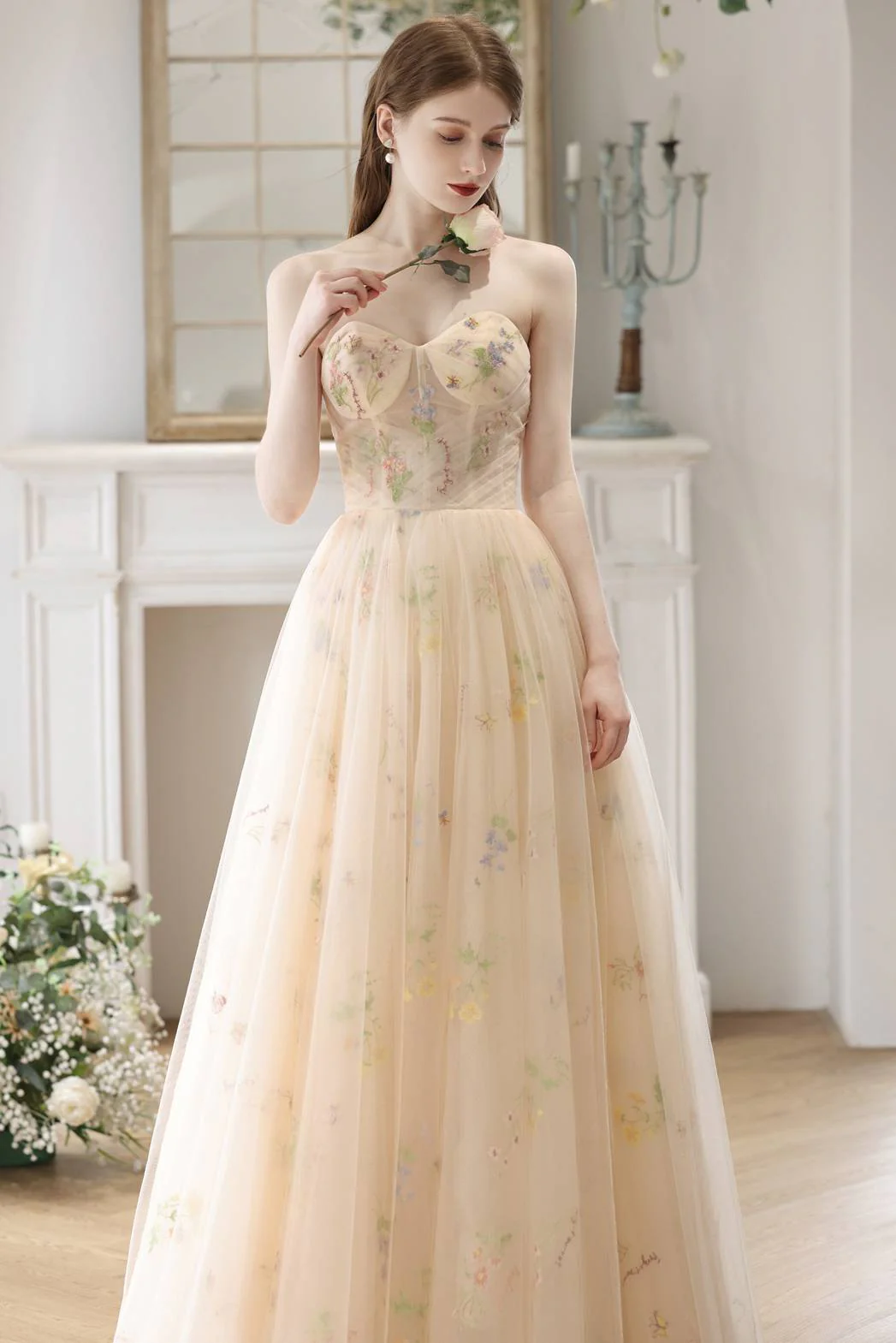 Sweetheart Champagne Floral Corset Long Prom Dress - Image 3
