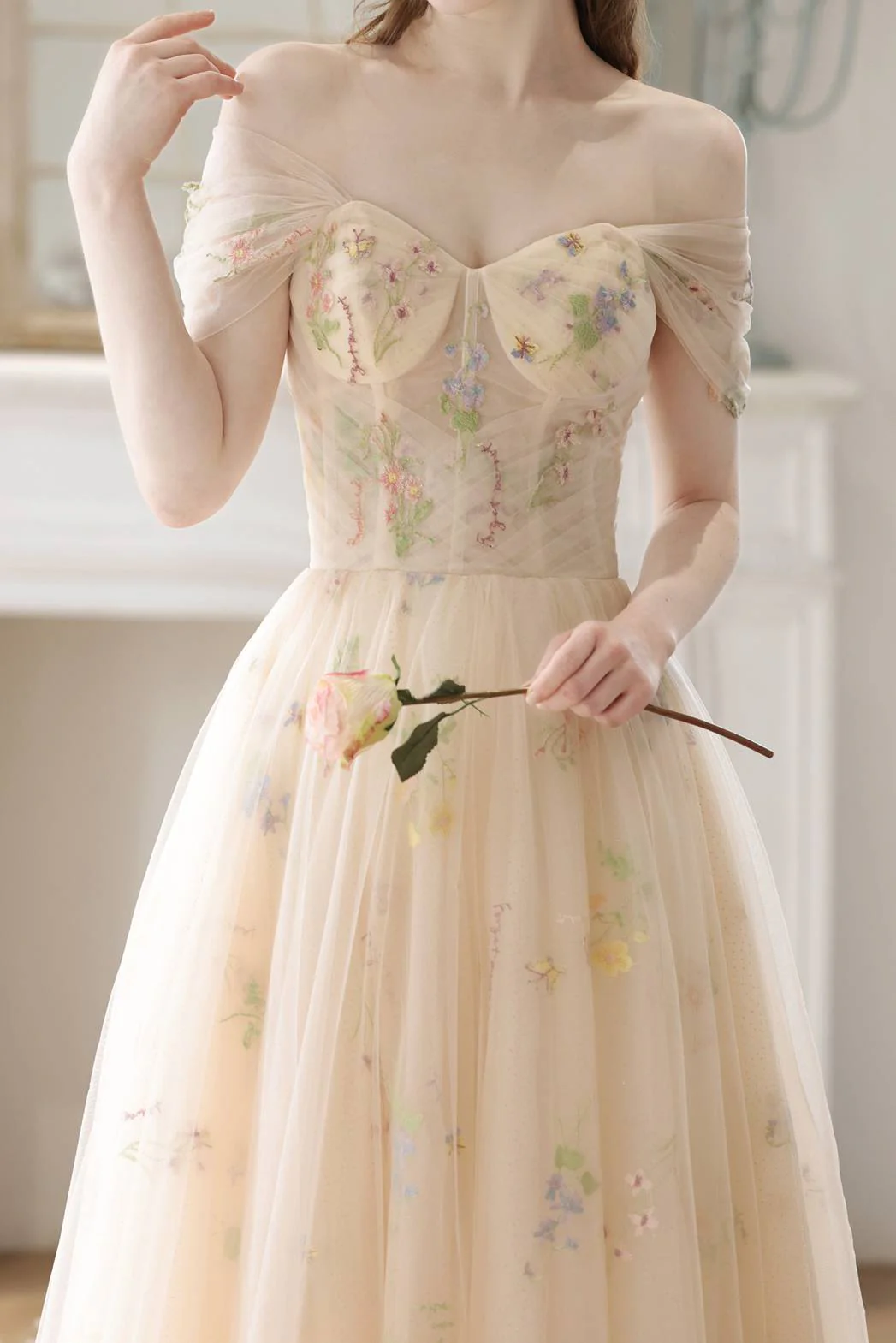 Sweetheart Champagne Floral Corset Long Prom Dress - Image 4