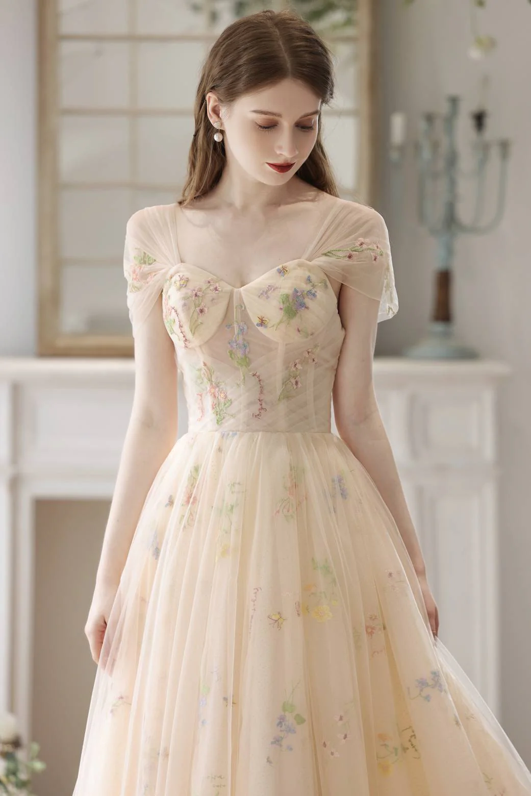 Sweetheart Champagne Floral Corset Long Prom Dress - Image 5