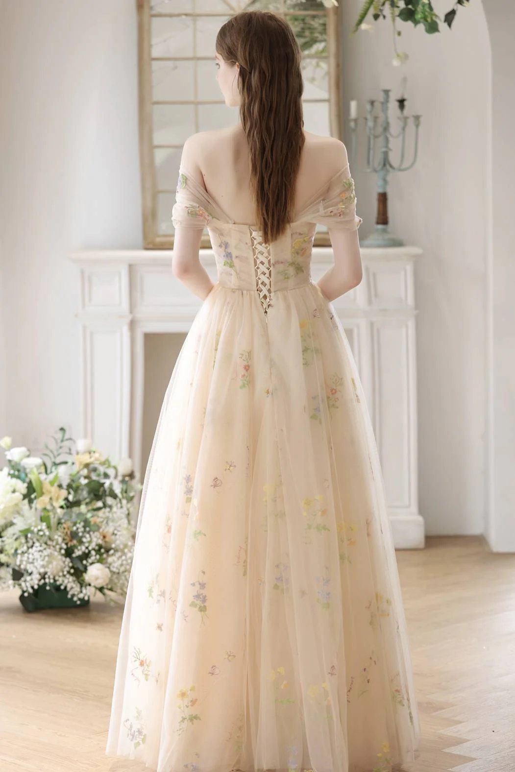 Sweetheart Champagne Floral Corset Long Prom Dress - Image 6