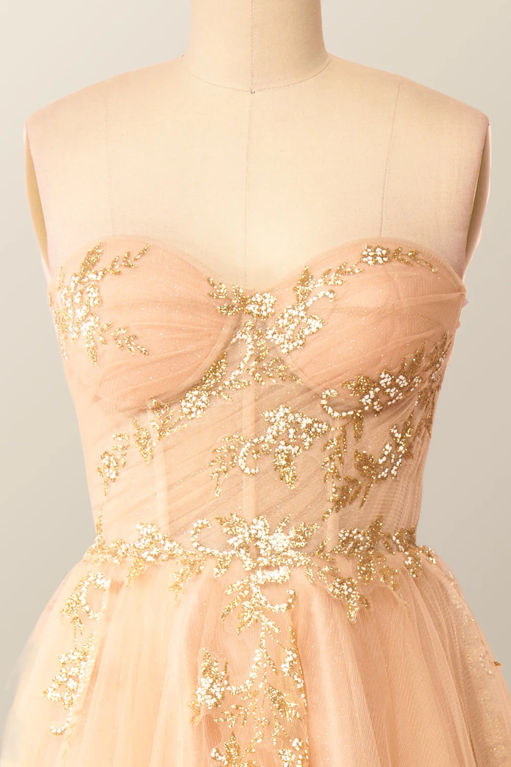 Sweetheart Champagne Tulle Tea Length Dress with Gold Sequins - Image 3