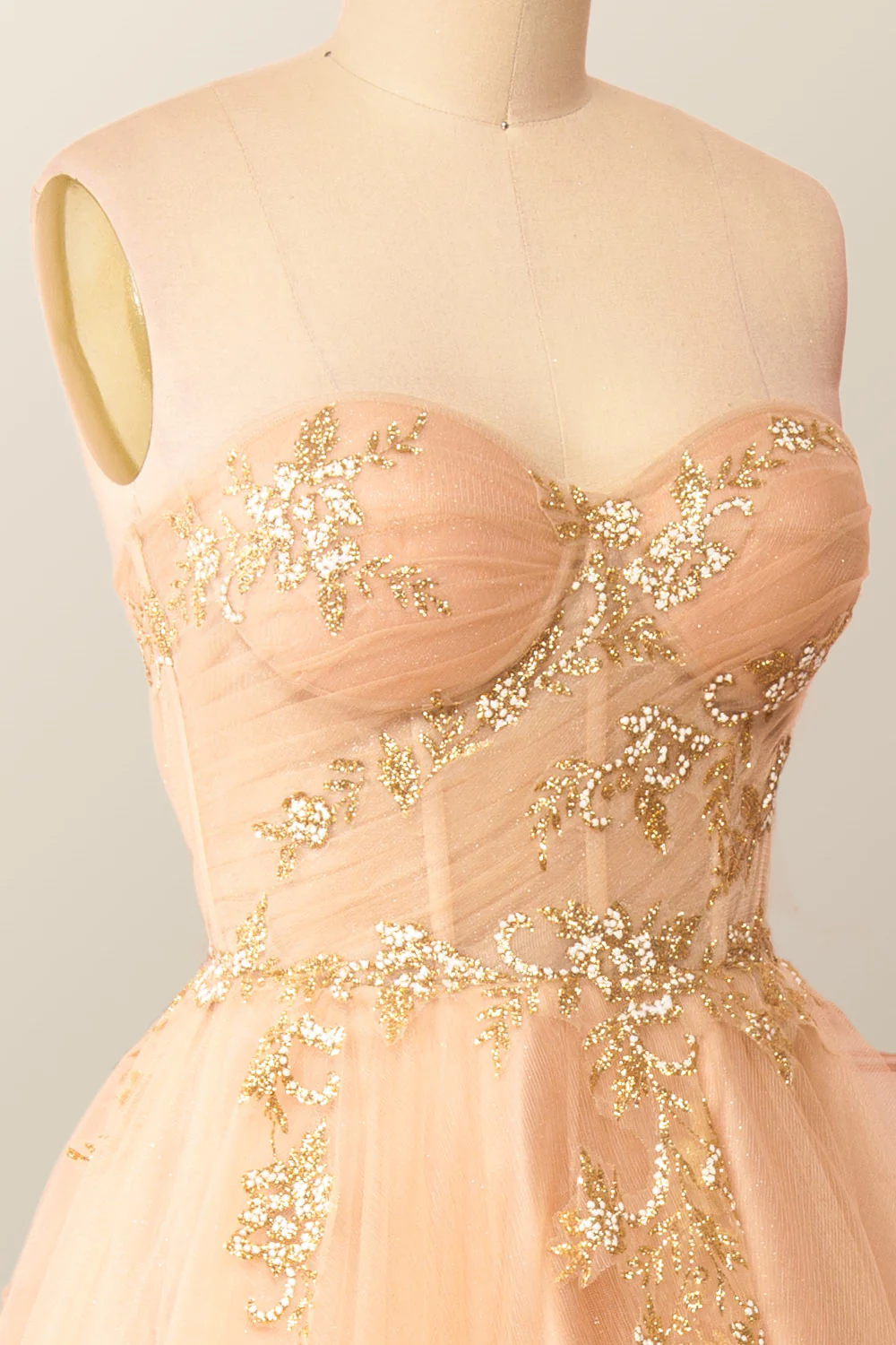 Sweetheart Champagne Tulle Tea Length Dress with Gold Sequins - Image 4