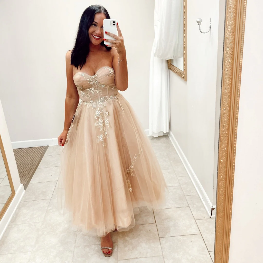 Sweetheart Champagne Tulle Tea Length Dress with Gold Sequins - Image 6