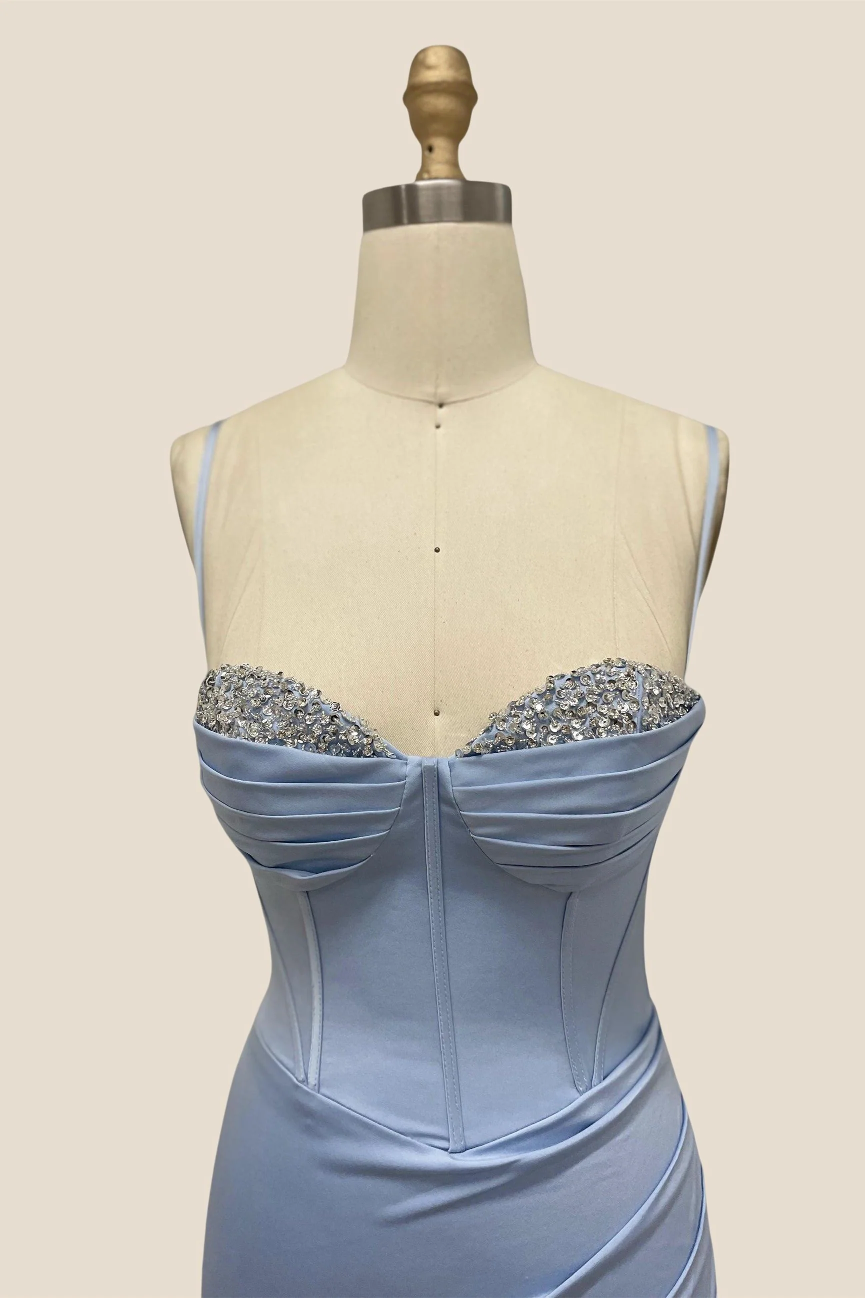 Sweetheart Dusty Blue Beaded Long Dress with Slit - Image 3