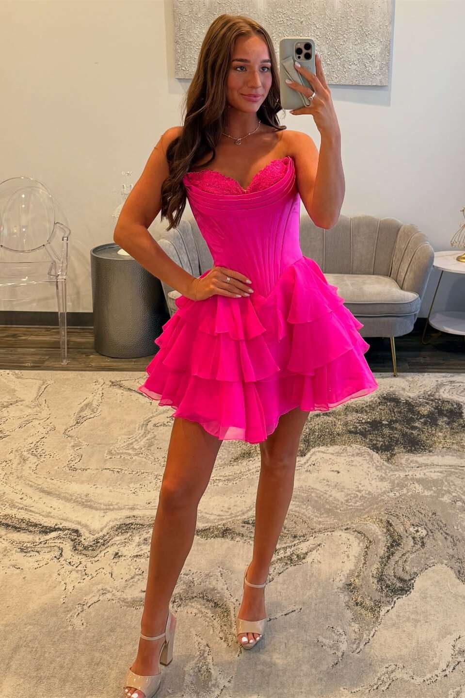 Sweetheart Fuchsia Corset A-line Chiffon Short Homecoming Dress - Image 2