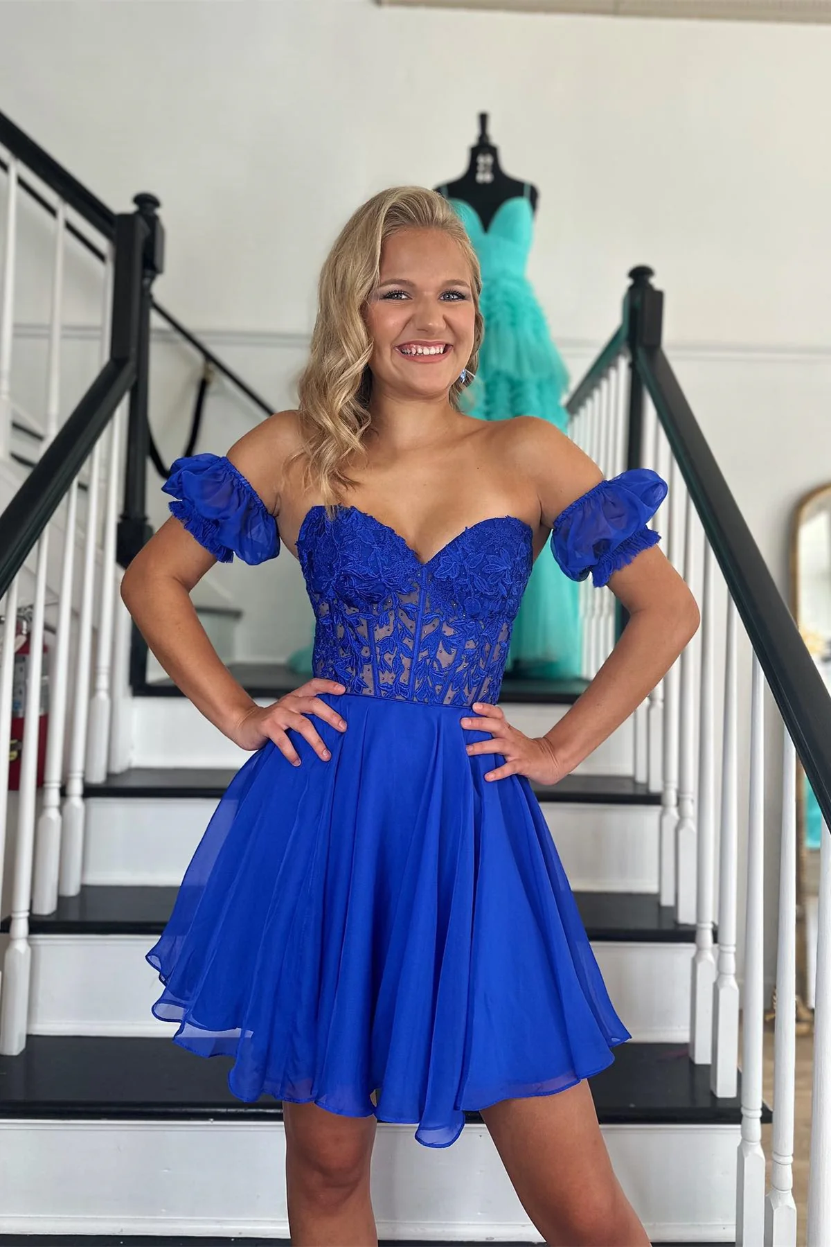 Sweetheart Blue Lace and Chiffon Short Dress - Image 5