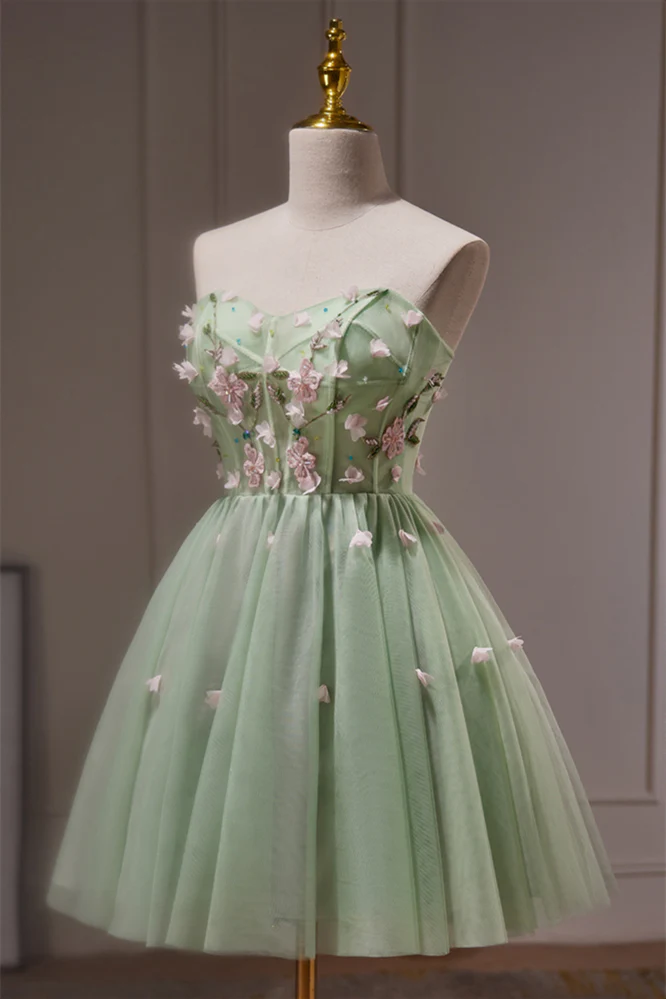 Sweetheart Green Tulle A-line Short Dress with 3D Flowers - Image 3