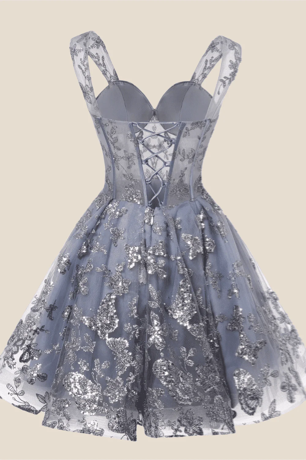 Sweetheart Grey Sparkly 3D Butterfly Short Dress - Image 2