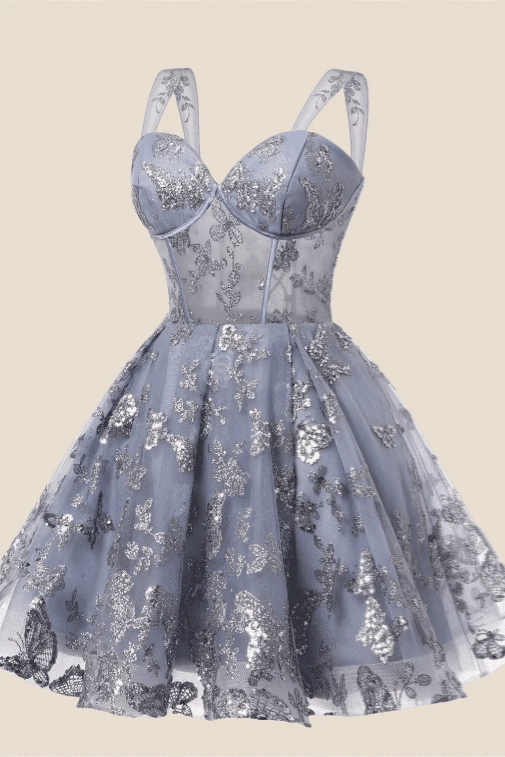 Sweetheart Grey Sparkly 3D Butterfly Short Dress - Image 3