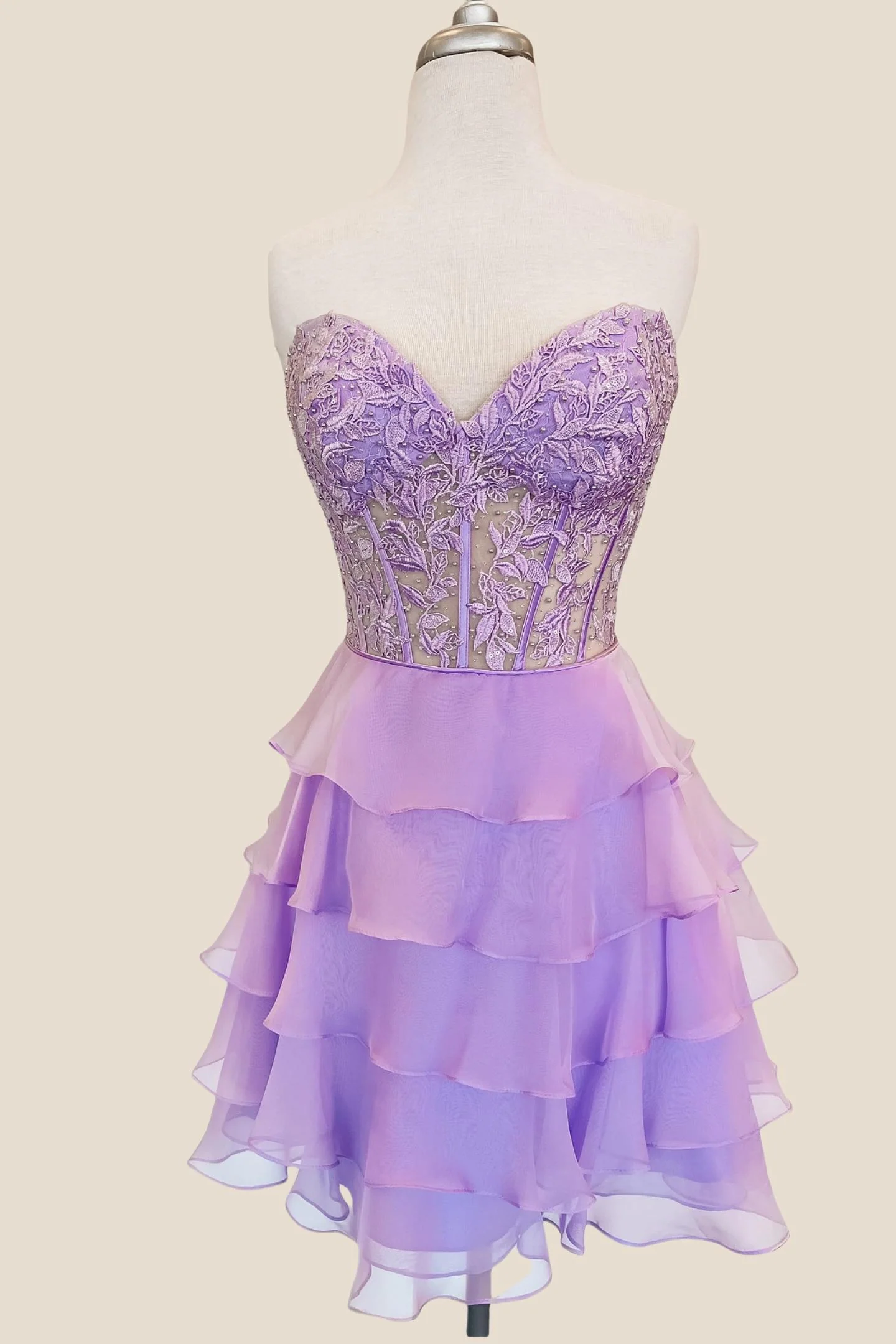 Sweetheart Yellow Appliques Tiered Short Dress - Image 2