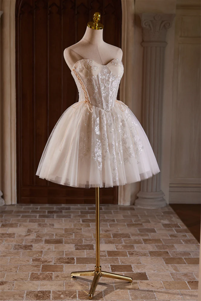 Sweetheart Ivory Sheer Beaded Corset Short Princess Gown - Image 6