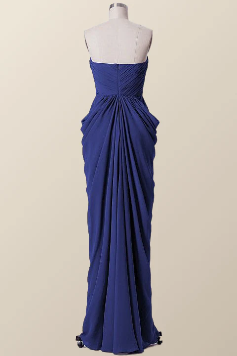Sweetheart Navy Blue Draped Long Bridesmaid Dress - Image 2