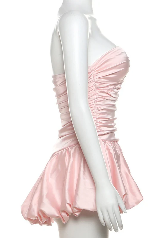 Sweetheart Pink Ruched A-line Bubble Short Dress - Image 3
