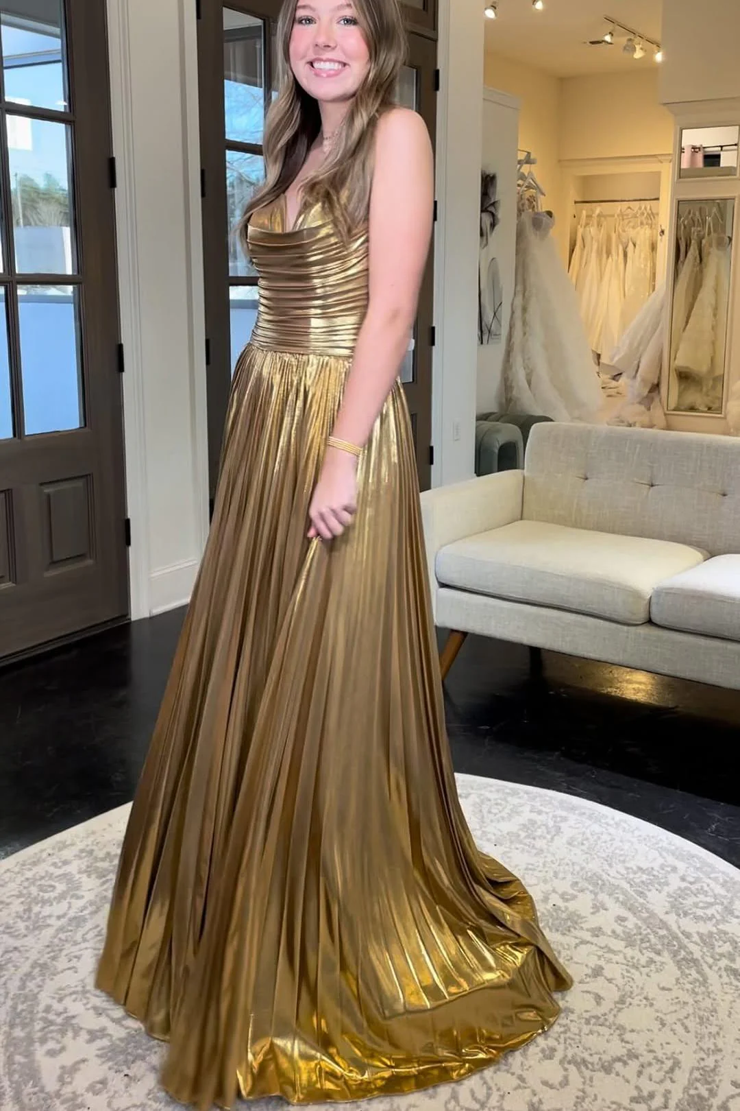 Sweetheart Purple Pleated Metallic Long Dress - Image 5
