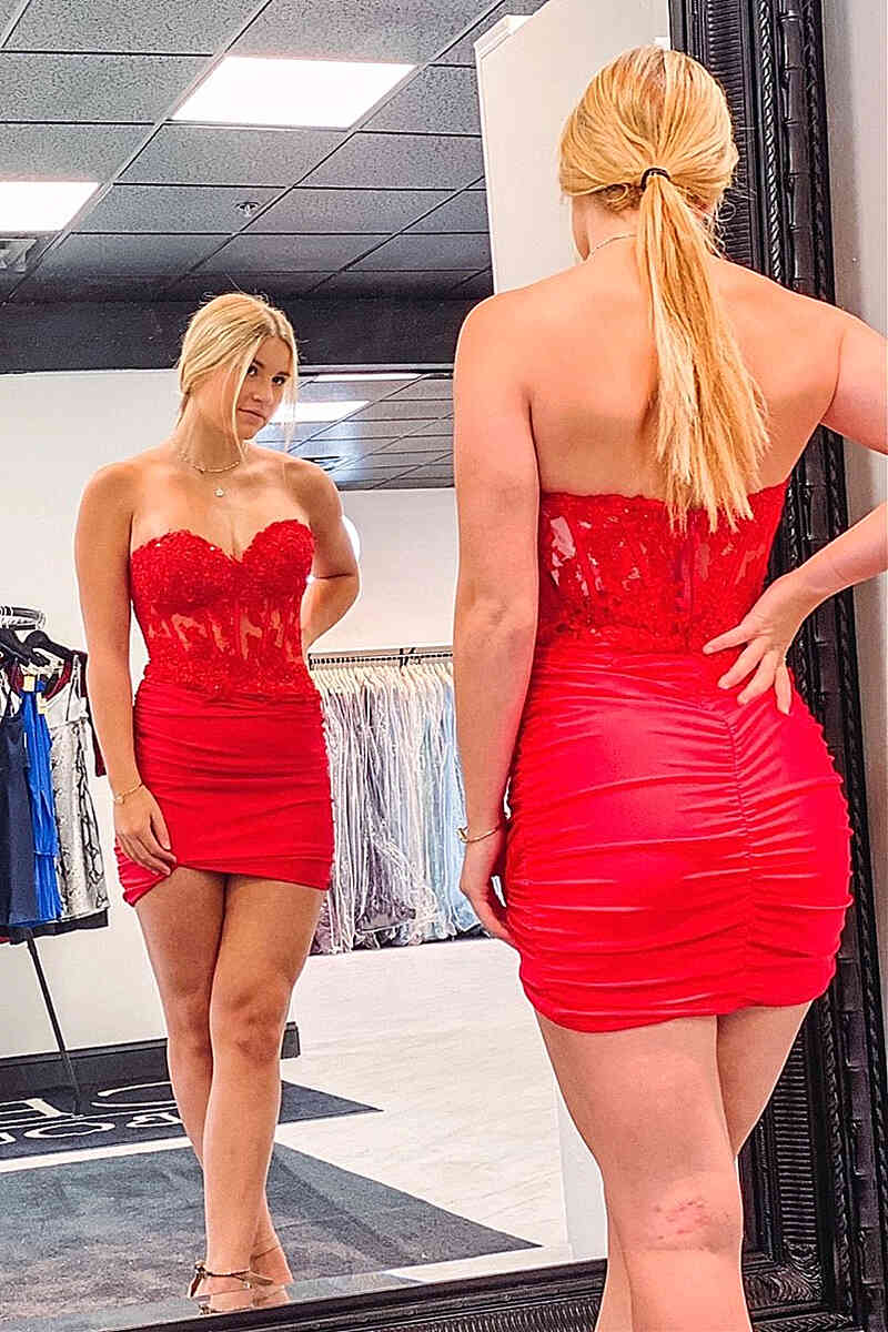 Sweetheart Red Appliques Ruched Tight Short Dress - Image 2