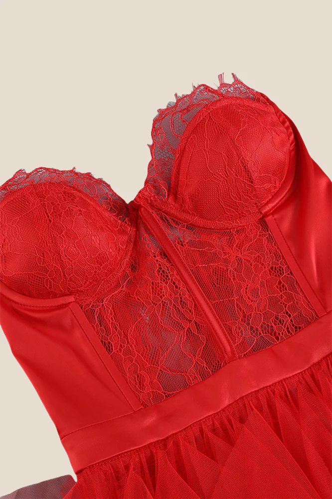 Sweetheart Red Irregular Sheer Long Dress with Slit - Image 3