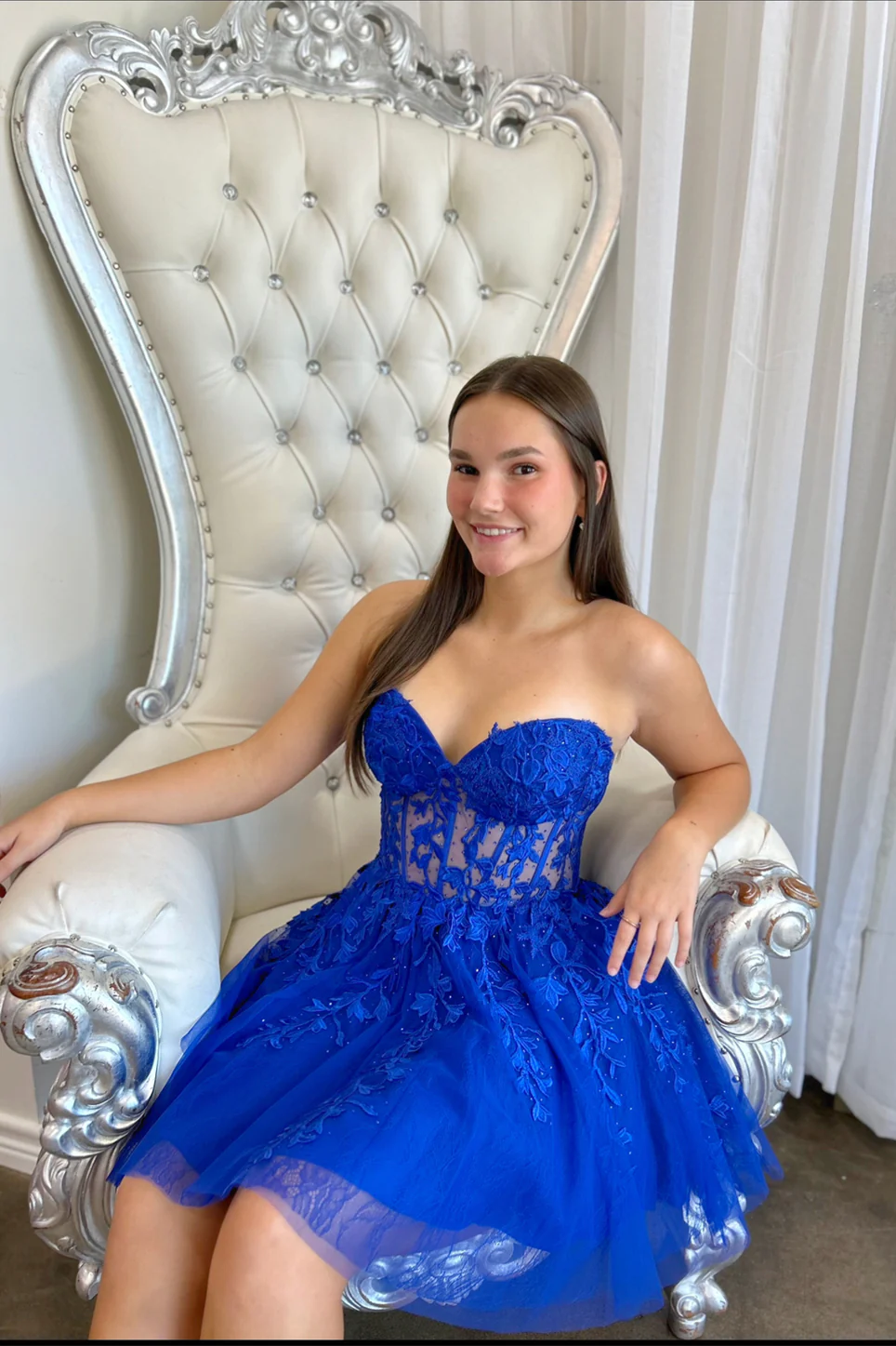 Sweetheart Royal Blue Lace Appliques Short Dress - Image 3