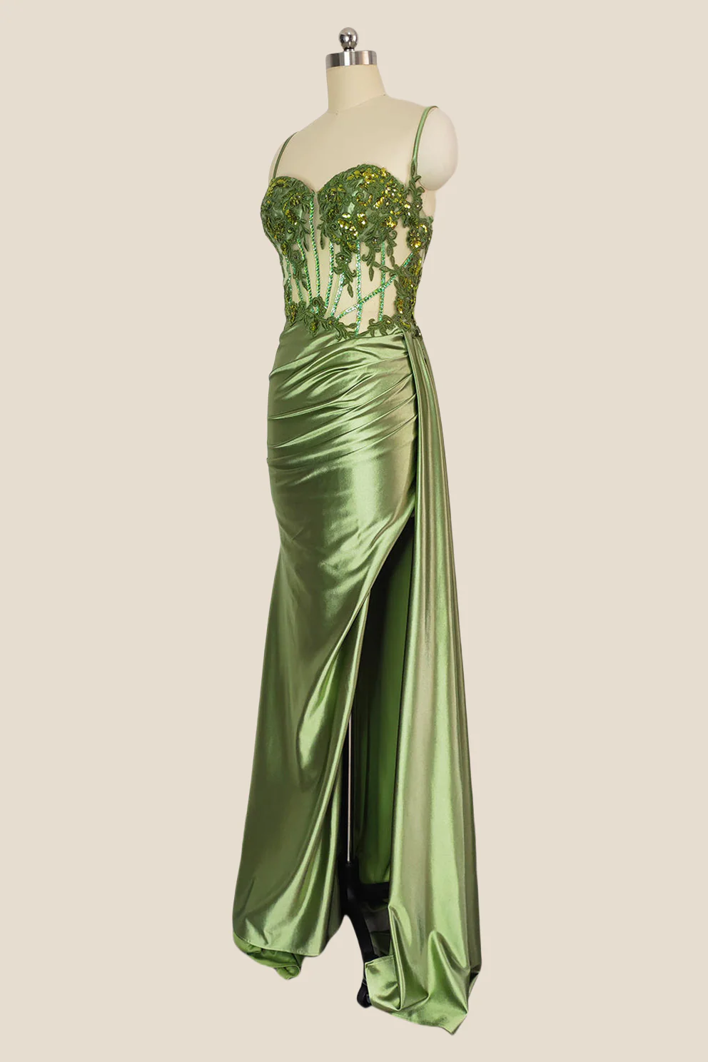Sweetheart Sage Green Appliques Long Dress - Image 3