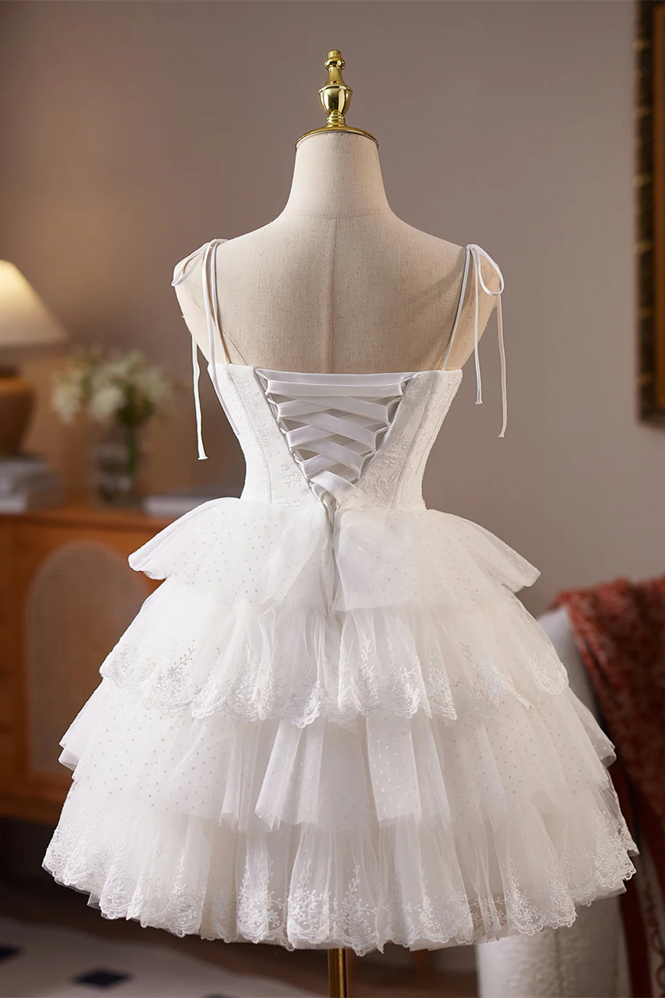 Sweetheart White Tiered Short Dress with Pearls - Image 2
