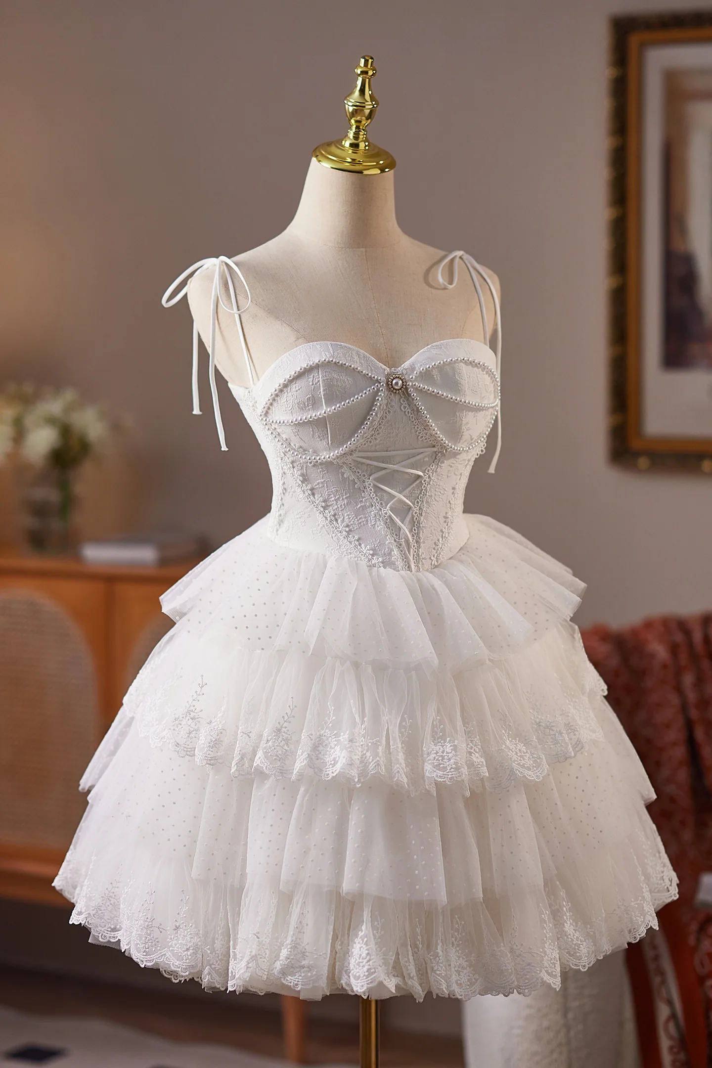 Sweetheart White Tiered Short Dress with Pearls - Image 3