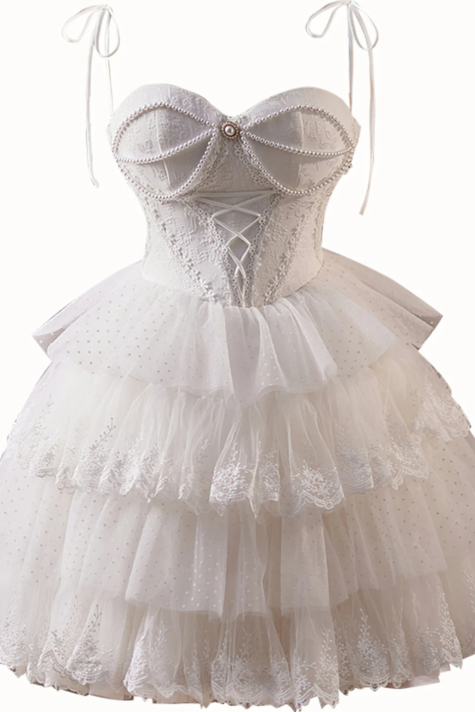 Sweetheart White Tiered Short Dress with Pearls - Image 5