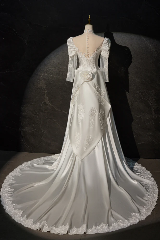 Long Sleeves White Satin Embroidery Wedding Gown - Image 2