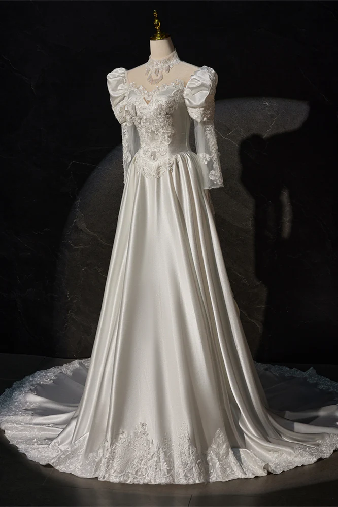 Long Sleeves White Satin Embroidery Wedding Gown - Image 3