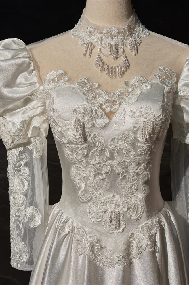 Long Sleeves White Satin Embroidery Wedding Gown - Image 4